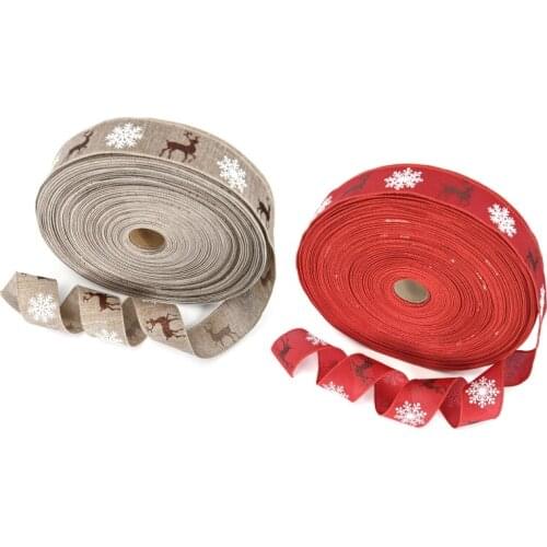 10 Rolls 5cm Wide Christmas Burlap Ribbon with Glitter Elk Snowflake Printed for DIY Crafts Bowknot Gift Wrapping Holiday Party