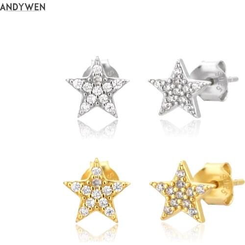 ANDYWEN 925 Sterling Silver Mini Star Piercing Gold Luxury Long Shiny Stud Earring Clips Piercing Moon Wedding Gift