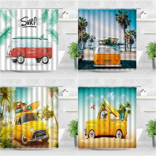 Summer Scenery Shower Curtains Yellow Tour Car Surfboard Green Tropical Plant Pattern Modern Waterproof Bathroom Decor Curtain