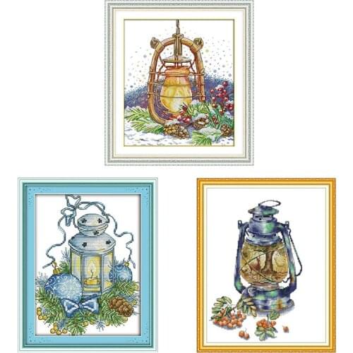 Oil lamp pattern blue christmas light cross stitch kit Aida 14ct 11ct count print canvas needle embroidery DIY Manual needlework
