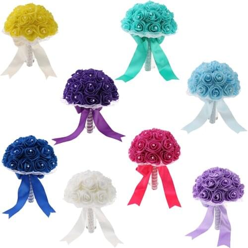 Gorgeous Artificial Foam Wedding Bridal Bouquet Bride Hand Tied Flower Wedding Bouquets mariage Yellow Blue Purple Green Flowers