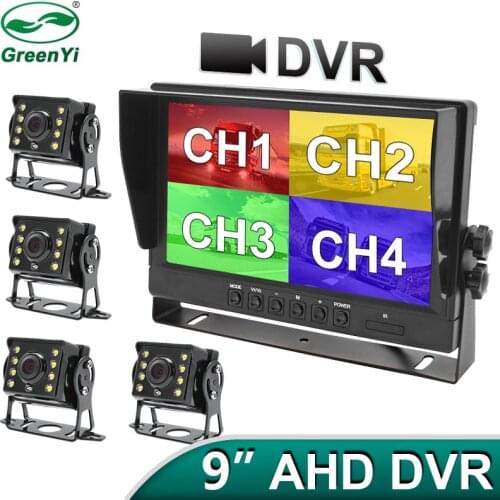 AHD1280x720P 9 Inch IPS Truck Bus 4CH Vehicle DVR Recorder Parking Monitor With 4 Channels Front Rear Left Right AHD Car Camera