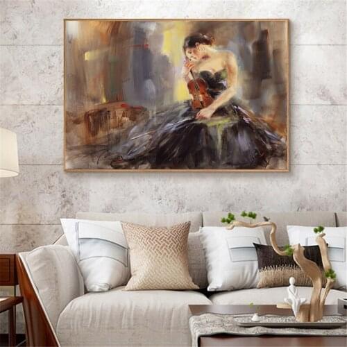 Vintage Wall Art Canvas Paintings Girl Playing The Violin Posters Prints Abstract Oil painting Canvas Art Prints For Living Room