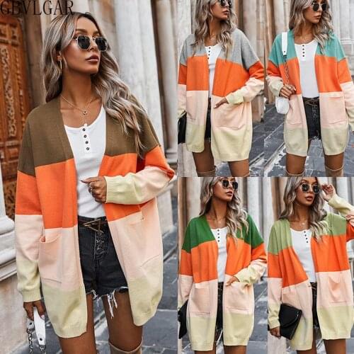 Women Casual Long Sleeve Color Block Striped Warm Knitted Sweater Female Cardigan Sweater Winter Pockets Open Stitch Jacket