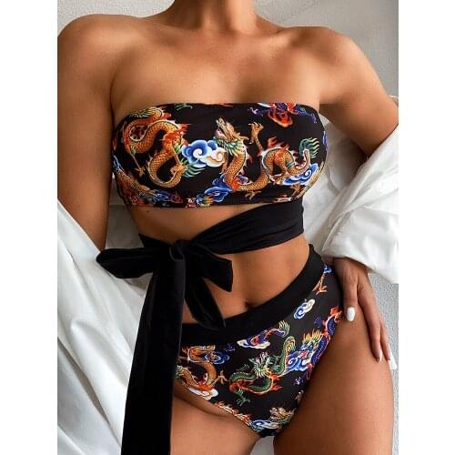 ZAFILLE Womens Tube Top Womens Swimsuit 2021 Bikini Sexy Dragon Pattern Womens Bathing Suit Waist Knot Womens Suit