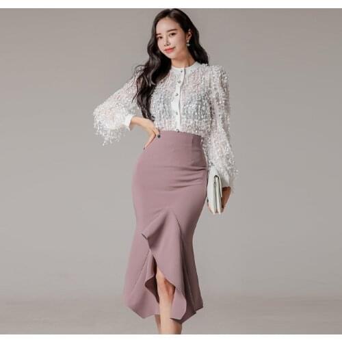 New arrival fashion korean set women spring OL temperament perspective tassel chiffon white shirt and ruffle skirt two piece set