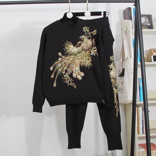Beading Phoenix Embroidery Knitted Tracksuits Women Outfits Loose Black Pink Red Knit Pullover Sweater Pencil Pants Set Female