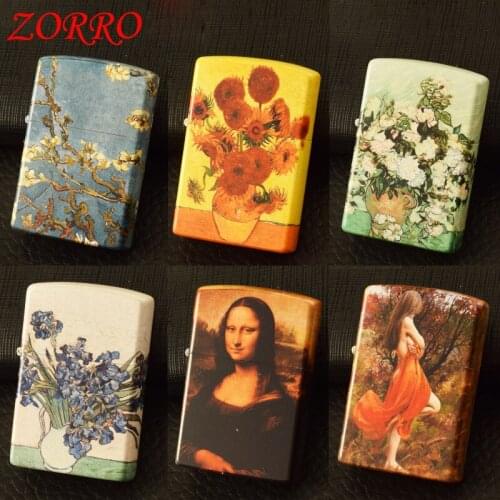 Zorro Metal Kerosene Lighter Creative Retro Vintage Grinding Wheel Five-Sided Color Printing Classic Mens Lighter