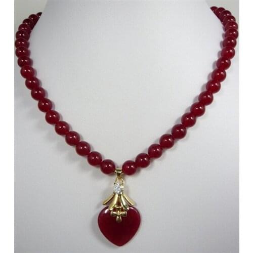 2 styles! beautiful 7-8mm red jades bead + GP/silver plated heart jades pendant necklace
