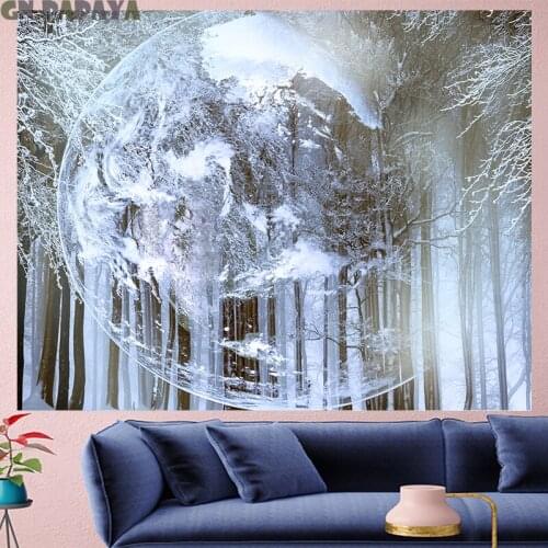 Forest snow scene 3D tapestry Scenic Wall Hanging farmhouse decor white moon goblen landscape boheme Polyester hippy Yoga mat