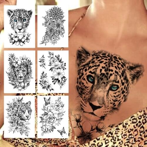 3D Tiger Flower Temporary Tattoo For Women Girls Realistic Fake Lion Peony Rose Tattoos Sticker Black Butterfly Big Tatoos Chest