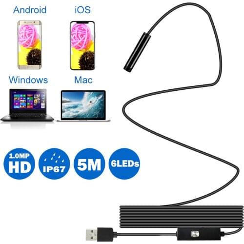 5.5MM 6 LED Lens Endoscope IP67 Waterproof Inspection Borescope Wire 5M Snake Tube Camera USB Interface Android/Type-C/PC USB