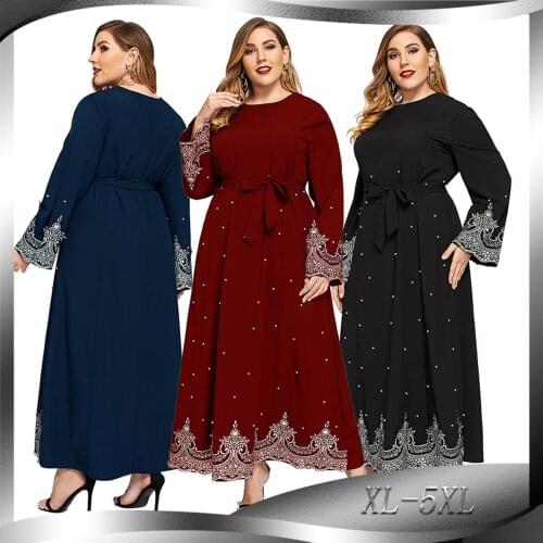 BianFeng Womens Muslim Embroidered Dress Beaded Long-sleeved Plus Size Party Dress muslim dress women muslim abaya