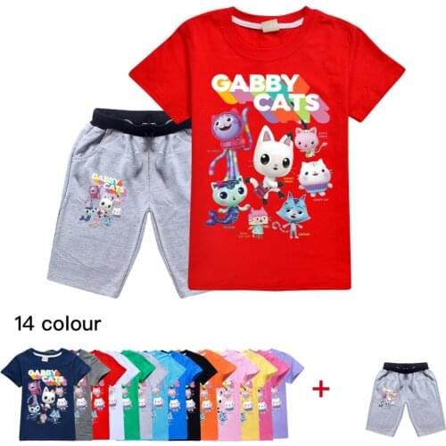 Gabby Cats Cartoon Childrens Clothing Kids Summer Cotton T Shirt Pants Set Gabbys Dollhouse Christmas Costume Girls Outfits