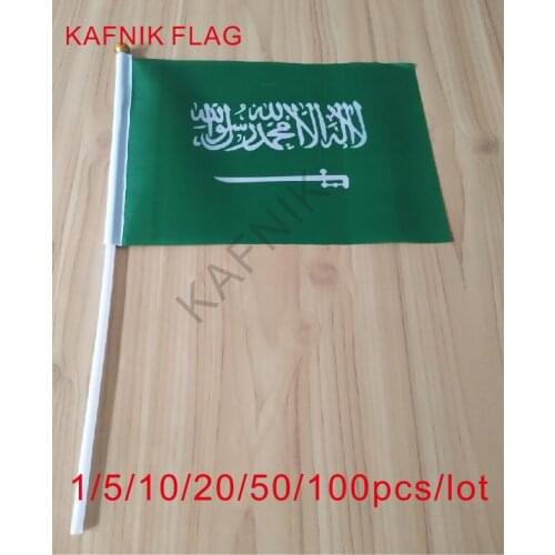 KAFNIK ,10/20/50/100pcs Saudi Arabia flag 14*21CM Saudi Arabia Flag the hand national flag with Pole Handing flag