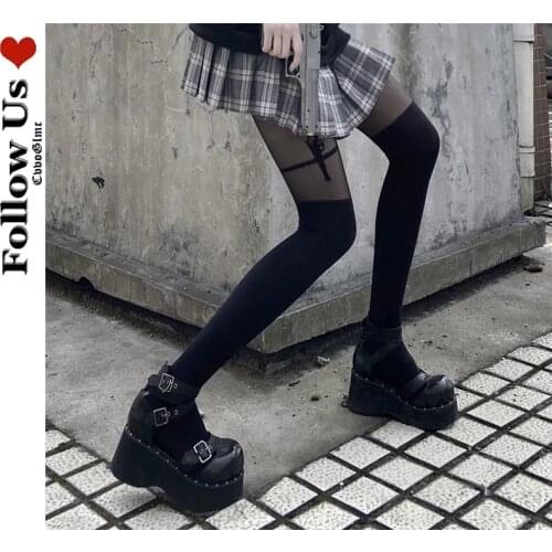 Harajuku Patchwork Over The Knee High Stockings Female Gothic Dark Bottoming Pantyhose Sexy Black Silk Breathable Tights Woman