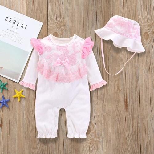 2020 Spring Newborn Baby girl clothes embroidered Birthday Clothes Jumpsuit+Hat 2 pieces Set Newborn baby clothes 0-12M