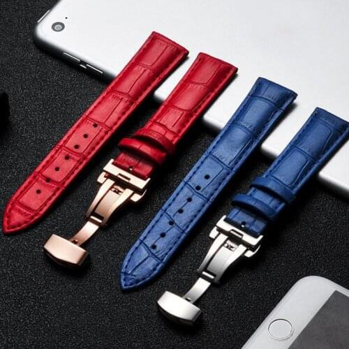 Leather Watch Band Wrist Strap 14mm 16mm 18mm 20mm Silver Butterfly Clasp Buckle Replacement Bracelet Belt Blue Pink Red White