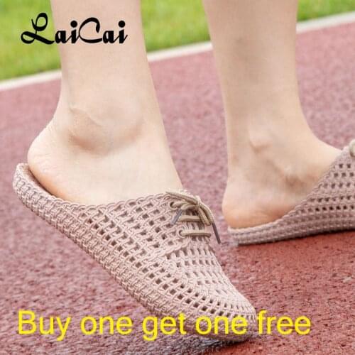 Buy One Get One Free Flat Slippers for Women 2021 New Hollow Hole Shoes Closed Toe Sandals Womens Home Shoes Casuals Slippers
