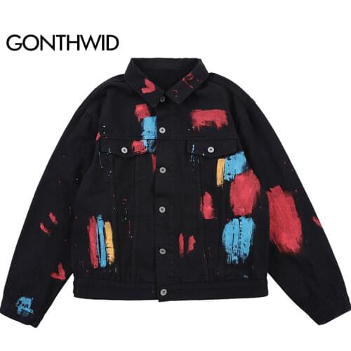GONTHWID Hip Hop Ink Graffiti Print Denim Jackets Streetwear Men Hipster Casual Punk Rock Jeans Coats Men Fashion Outwear Tops