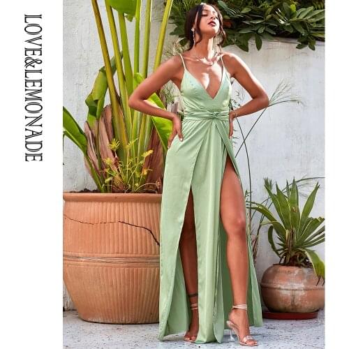 LOVE&LEMONADE Sexy Light Green Dark V-Neck Open Back A-Line Whit Split Satin Beach Maxi Dress LM82415-B