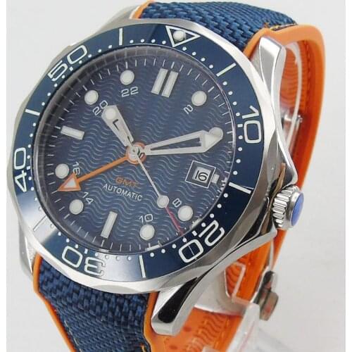BLIGER Fashional 41mm Mechanical Men Watch Blue Dial GMT Date Rubber Band Solid Case Screw Crown Sapphire Glass