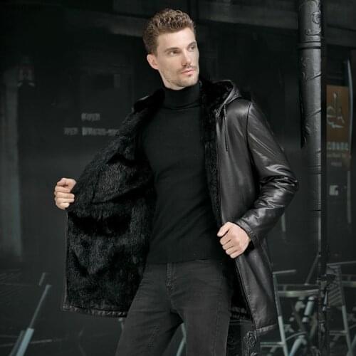 Mens Mink Jackets Head Layer Fetal Cowhide Leather Jacket Men Whole Mink Inner Long Style Windbreaker Top Layer Cow Leather Coat