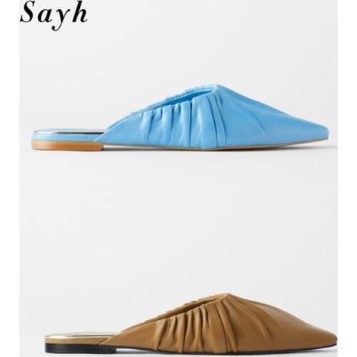 2021 Fashion Summer Casual Girls Mules Pleated Design Cow Leather Flat Muller Shoes Slipper Sandals Slides