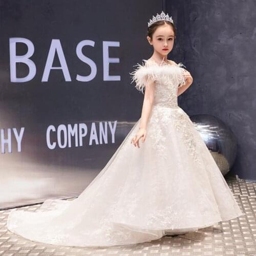 High-end luxury children Trailing evening dress Lace Mesh stitching shoulderless birthday party dress for girl vestidos L485