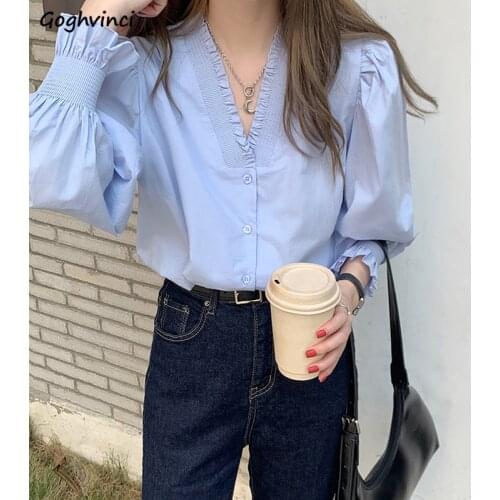 Shirts Women V-neck Ruffles Button Folds Elegant Flare Sleeve Korean Style Vintage Spring New Trendy Simple Causal Ins Classic