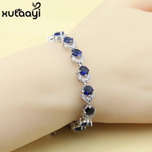 Made in China Blue Cubic Zirconia White Stones, Silver Adjustable Chain-Link Bracelet Women Fashion Health Length 18+3cm