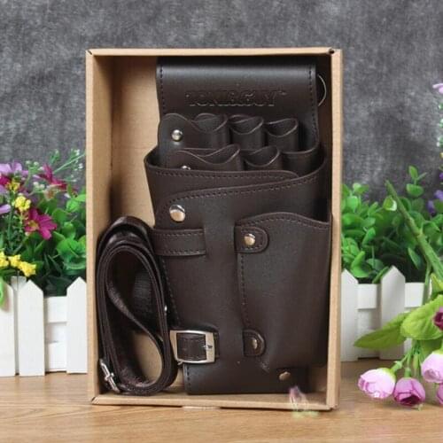 High Quality PU Leather Barber Scissors Bag Salon Hairdressing Holster Pouch Case with Waist Shoulder Belt Brown
