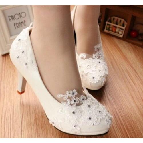 Round toes platforms high heels wedding shoes women fashion beautiful handmade lace rhinestones brides shoes plus size