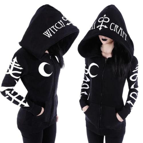 Women Gothic Punk Zip up Long Sleeve Hoodies Moon and Letter Print Sports Sweatshirt Jacket Coat with Pockets Halloween Costume