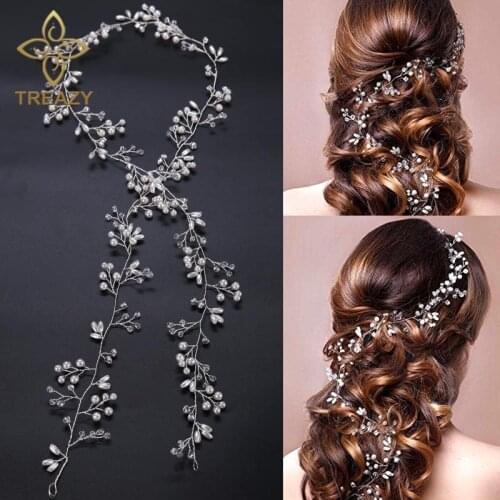 TREAZY Charm Floral Headbands Pearl Crystal Beads Long Bridal Hairbands Headdress Wedding Hair Accessories Bride Tiara Headpiece