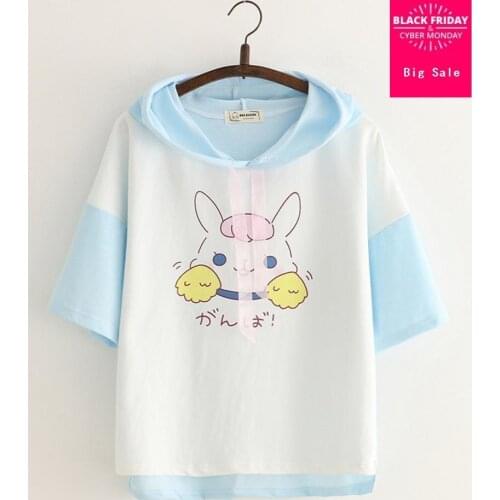 Japanese Mori girl cartoon Anime t-shirt female 2018 summer new women printing patchworks short-sleeve hooded-neck t-shirt L202