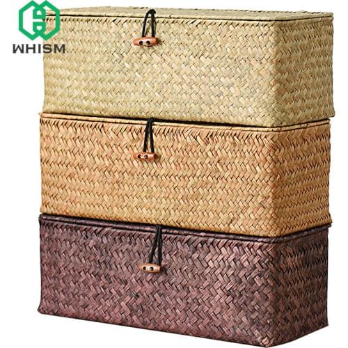 WHISM 3 Compartment Storage Box Wicker Rattan Basket With Cover Sundries Holder Case Container Jewelry Makeup Desktop Organizer