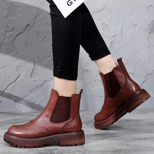 Johnature Genuine Leather Chelsea Boots Retro Women Shoes Elastic Band Round Toe 2021 New Winter Sewing Platform Ankle Boots