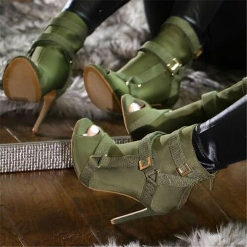 2020 Designer Army Green Ankle Boots For Woman Suede Leather Peep Toe Short Booties Summer Buckle Strap High Heels Shoes Woman