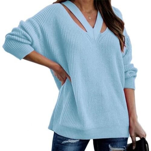 New Stylish Ladies Sweater Hollow Out Loose Casual Solid Color V Neck Autumn Knitwear Pullover Tops Daily Streetwear