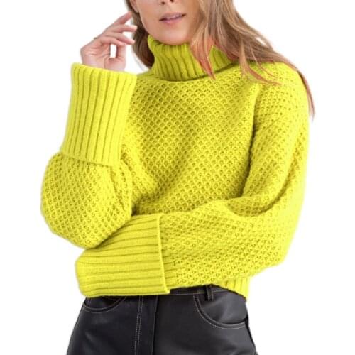 Women Long Sleeve Waffle Knit Sweater Turtleneck Neon Solid Color Jumper Tops F42F