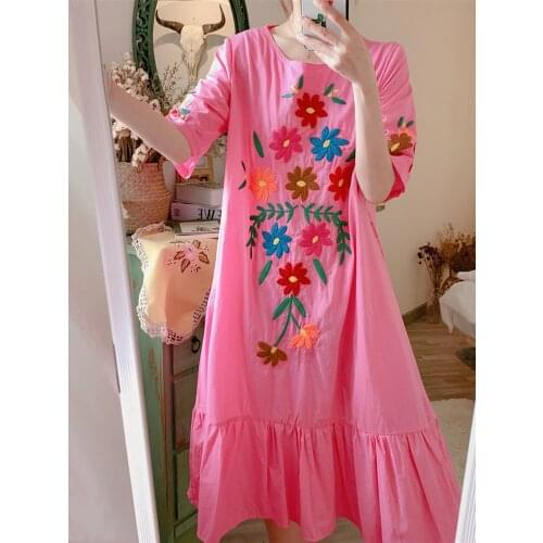 Summer Spring Women Bohemian Mori Girl Sweet Oversize Midi Korean Cute Casual Loose Embroidery Cotton Long Dress