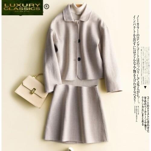 Women Winter 100% Coat Wool Coat + Skirt Two Piece Set Woman Autumn Clothes 2021 Elegant Slim Cashmere Jacket Hiver 1632