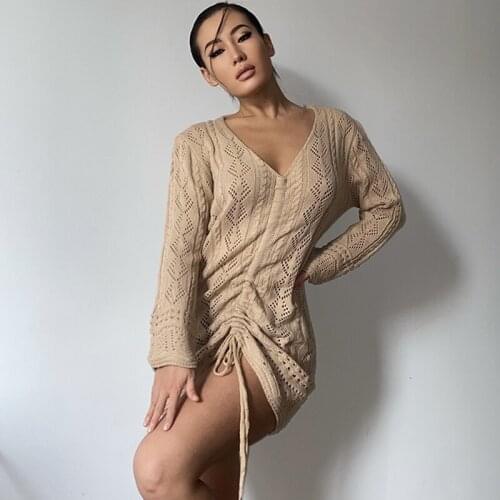 2021 Autumn Winter Women Solid Long Sleeve Knitted V Neck Sweater Mini Dress Drawstring Ruched Lace Up Crochet Dresses Clothes