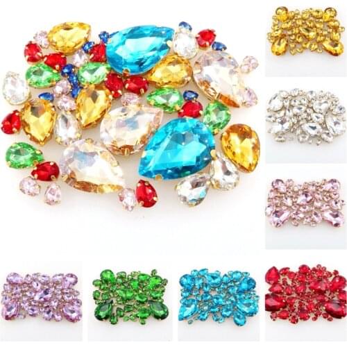 Gold claw setting water drop shape 7 sizes mix 50pcs/bag glass crystal sew on rhinestone beads wedding dress shoes bags diy trim