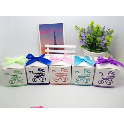 10Pcs Laser Cut Baby carriage Shower Candy Gifts Boxes Favor Boxes With Ribbon Carriage Shower Wedding Birthday Party Supplies