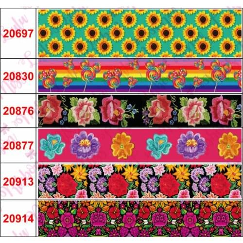 16mm-75mm Colorful Stripes Heart Mexico Flower Printed Grosgrain/Foe Ribbon Rainbow Lollipop DIY Hair Bowknots 50yards/roll