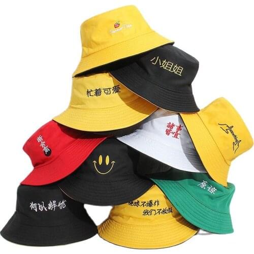 22 Choose Double-Sided Wear Bucket Hat Women Men Chinese Letter Funny Cap Outdoor Sun Hat Teenagers
