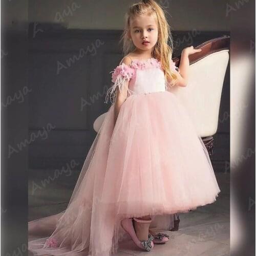 Amaya Pink Puffy Tutu Flower Girl Dresses Princess Feather 3D Flowers Holy Communion Gown Kids Prom Dress Vestidos Niña