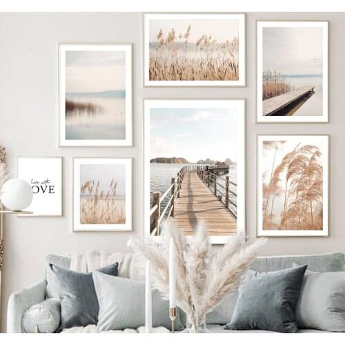 Lake Reed River Wooden Bridge Mountain Autumn Scenery Nordic Style Wall Art Canvas Painting Posters And Prints Living Room Decor